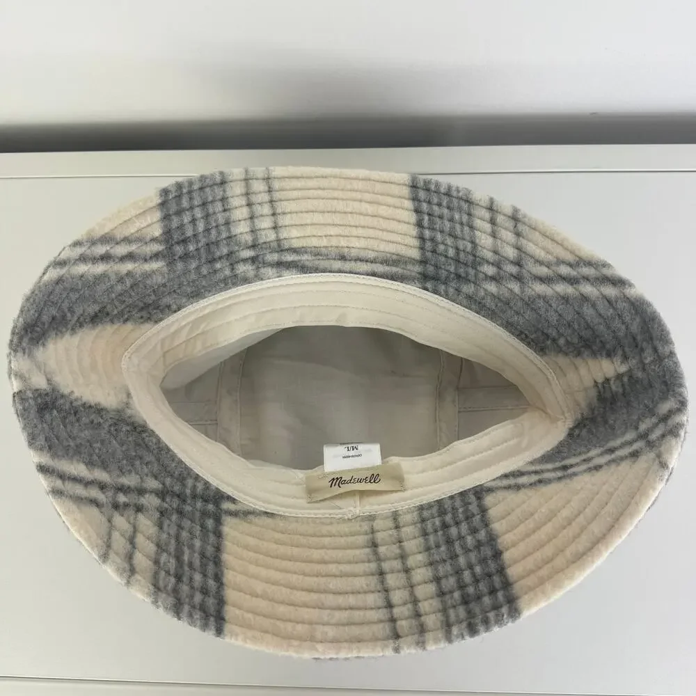 Madewell Womens Soft Sherpa Canvas Cozy Plaid Dusk Beige/Grey Bucket Hat M/L